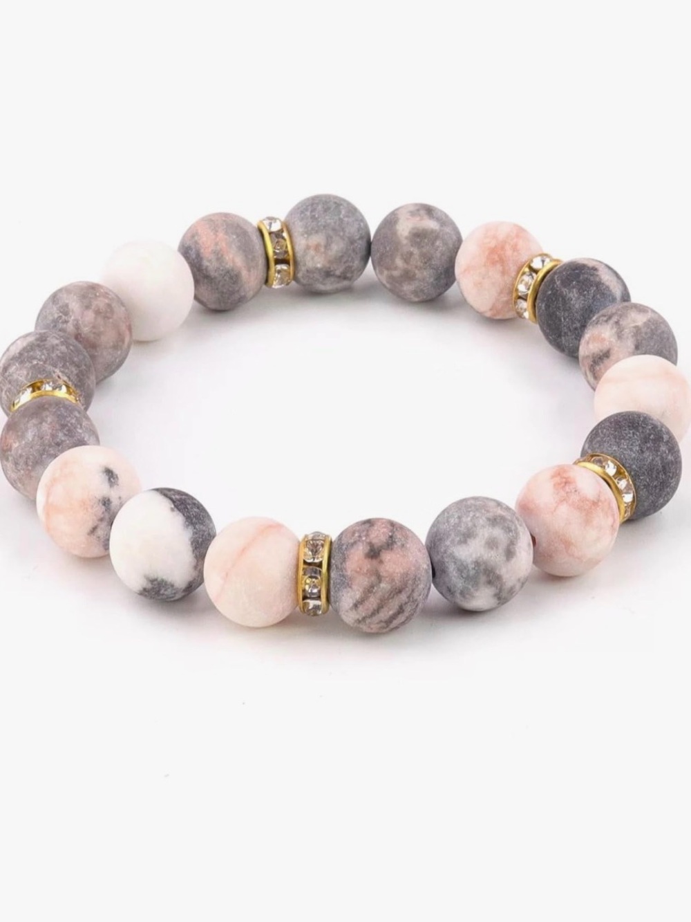 Pink and Gray Marbled Beaded Stretch Bracelet with Gold Accents